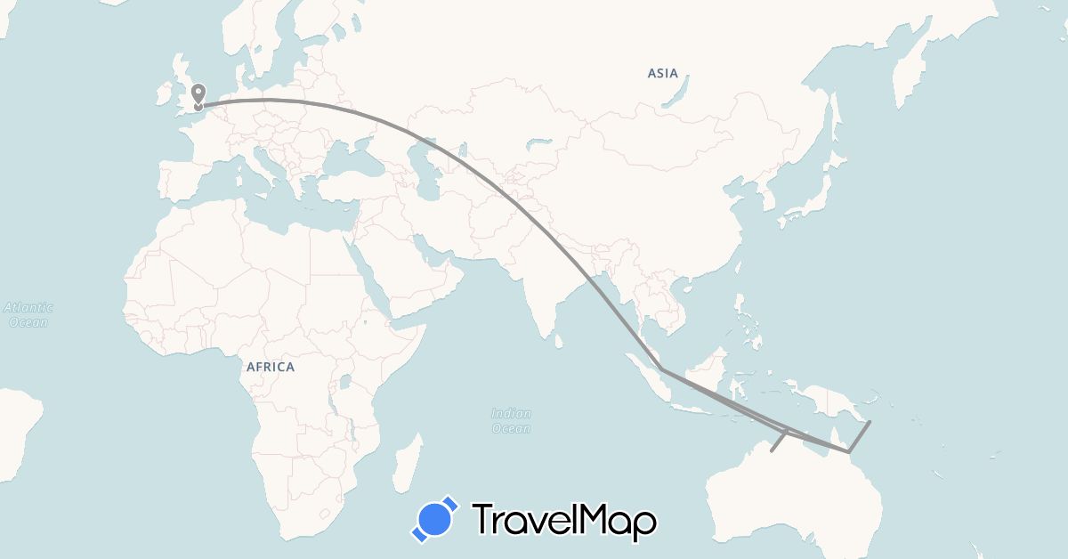 TravelMap itinerary: driving, plane in Australia, United Kingdom, Papua New Guinea, Singapore (Asia, Europe, Oceania)